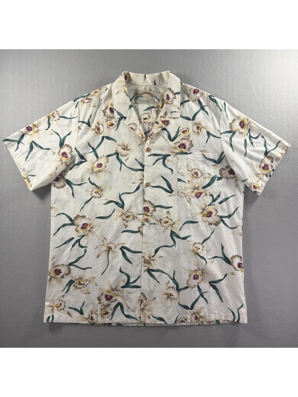 Paradise Found Honolulu Hawaii Floral Shirt Mens XL White Cotton Single Stitch